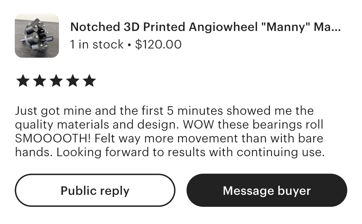 5-star Etsy review of the Manny wheel